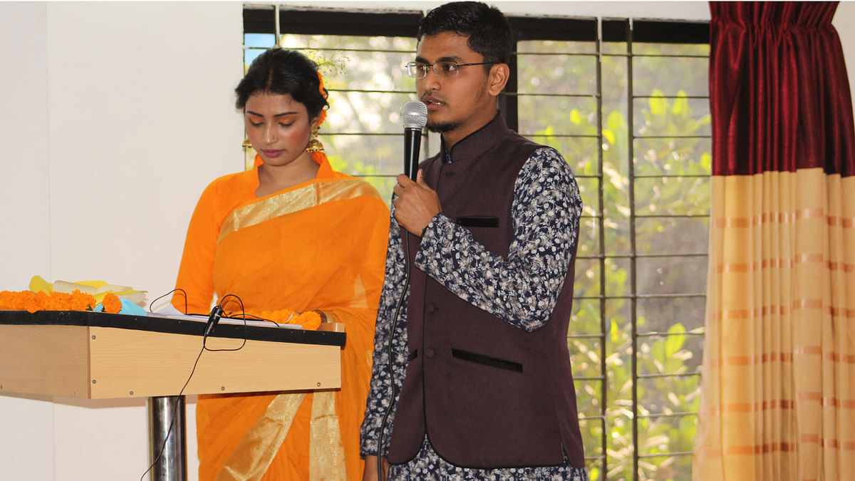 Two hosts of the cultural programme, `Ode to Spring`, organised by CELL and the English department at the central auditorium of the university at Khagan, Birulia, Savar, Dhaka on 13 February. Photo: Collected