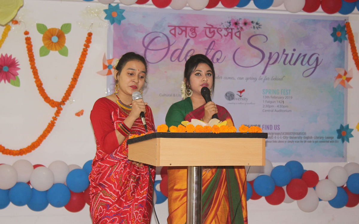 Two students sing in the inauguration of the cultural programme, Ode to Spring, organised by CELL and the English department at the central auditorium of the university at Khagan, Birulia, Savar, Dhaka on 13 February. Photo: Collected