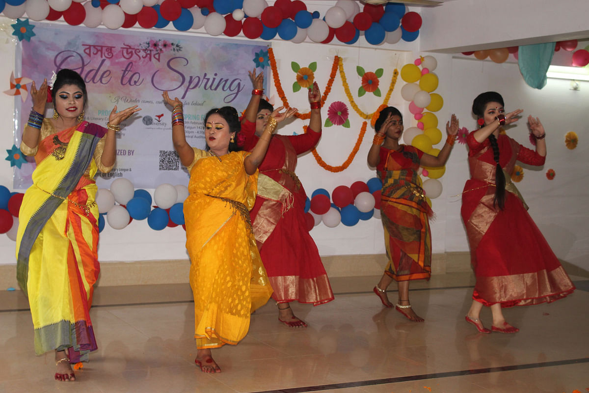 Students dance at the cultural programme, Ode to Spring, organised by CELL and the English department at the central auditorium of the university at Khagan, Savar, Dhaka on 13 February. Photo: Collected