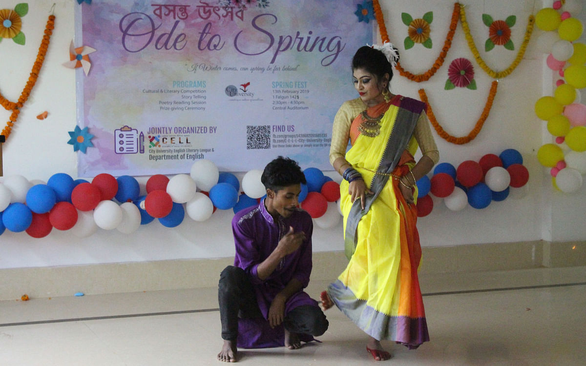 Two students of English department dance at the cultural programme, Ode to Spring, jointly organised by City University English Literary Lounge (CELL) and the English department at the central auditorium of the university at Savar, Dhaka on 13 February. Photo: Collected