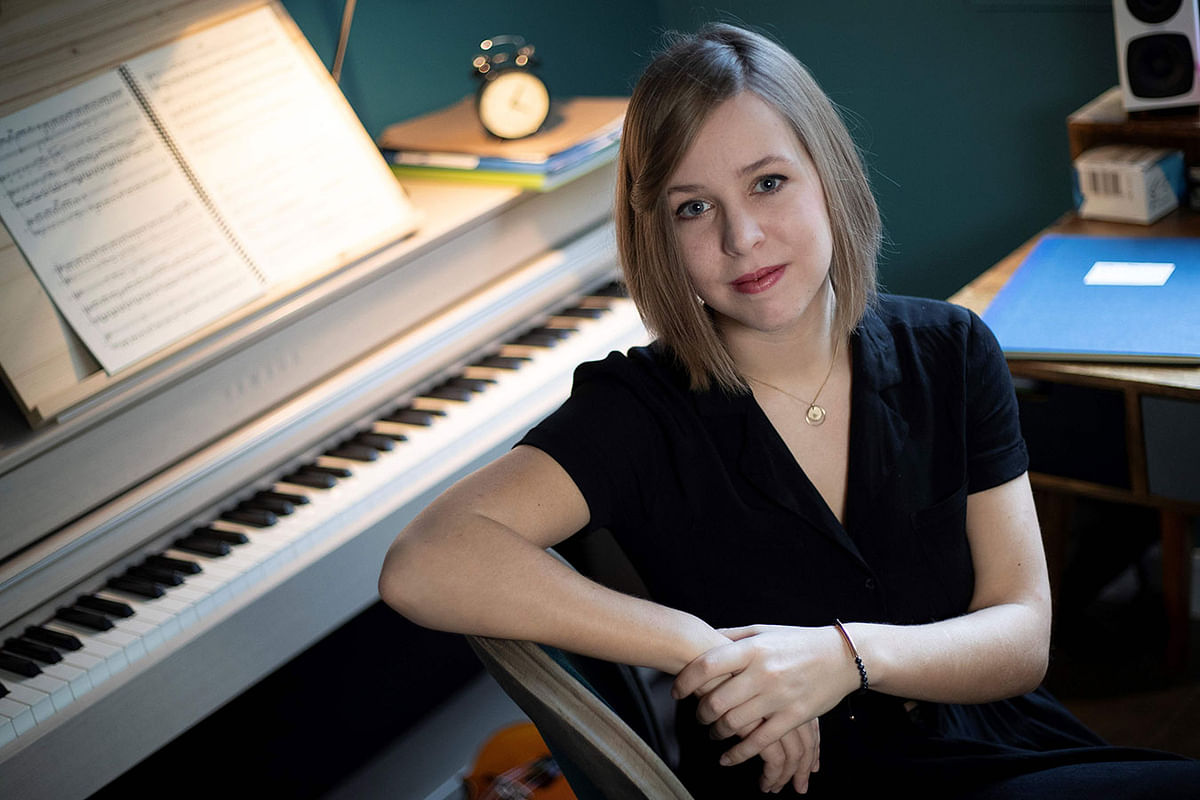 French music composer Camille Pepin poses in her studio in Paris on 11 February 2019. Photo: AFP