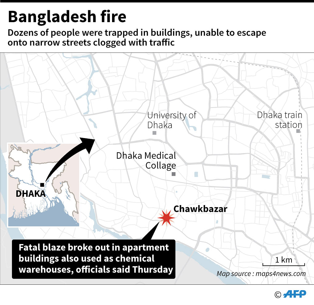 Map of Dhaka, Bangladesh where a fire has left scores dead, officials said Thursday. AFP
