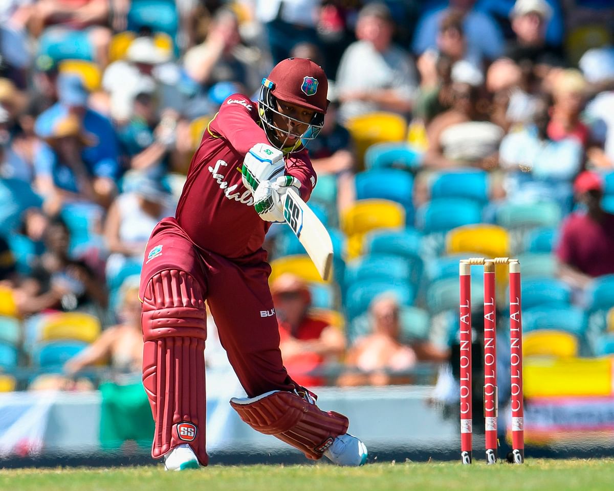 Shimron Hetmyer of West Indies hits 4 during the 2nd ODI between West Indies and England at Kensington Oval, Bridgetown, Barbados, on 22 February 2019. Photo: AFP