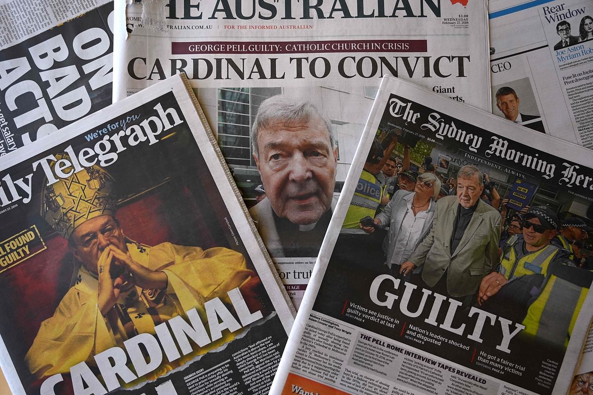 This photo illustration shows the front pages of Australia`s major newspapers reporting the conviction of Cardinal George Pell in Sydney on 27 February 2019. Photo: AFP