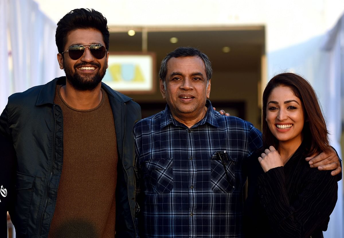 In this file photo taken on 7 January 2019 Indian Bollywood actors Vicky Kaushal (L), Paresh Rawal (C) and Yami Gautam pose for a picture during a promotional event for the upcoming Hindi film `Uri: The Surgical Strike`, in Mumbai. Photo: AFP