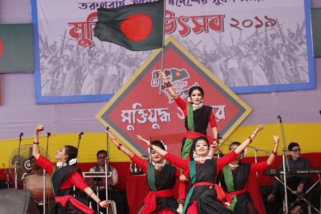 Dancers perform at a programme arranged by Muktijuddho Jadughar (Libaration War Museum) on Dhaka University campus on 1 March. Photo: Hasan Raja