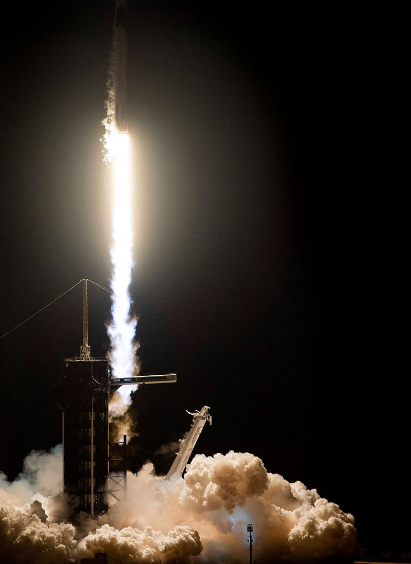 SpaceX Falcon 9 rocket with the company`s Crew Dragon spacecraft onboard takes off during the Demo-1 mission, at the Kennedy Space Center in Florida on 2 March 2019. Photo: AFP
