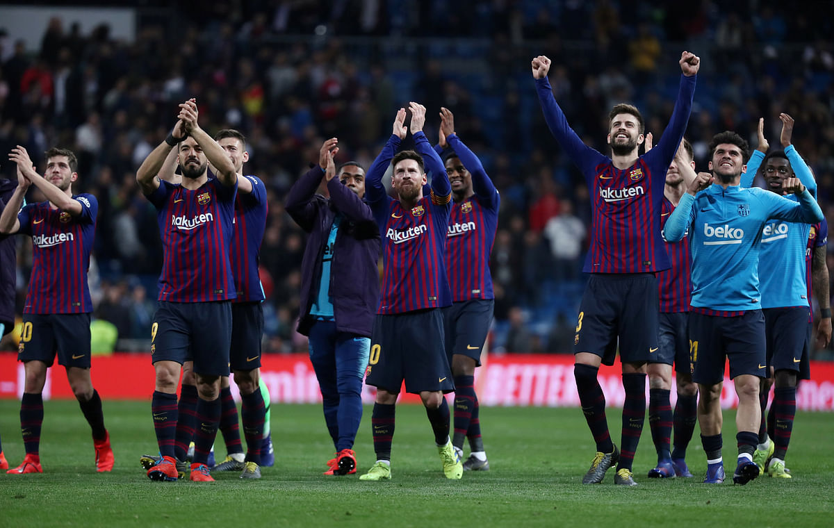 FC Barcelona`s Lionel Messi celebrates victory in a La Liga match against Real Madrid at Santiago Bernabeu, Madrid, Spain on 2 March 2019. Photo: Reuters