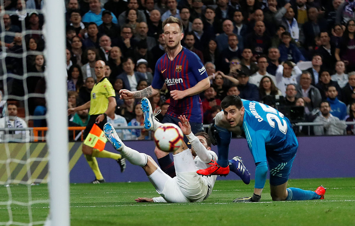 Barcelona`s Ivan Rakitic scores their first goal in a La Liga match against Real Madrid at Santiago Bernabeu, Madrid, Spain on 2 March 2019. Photo: Reuters