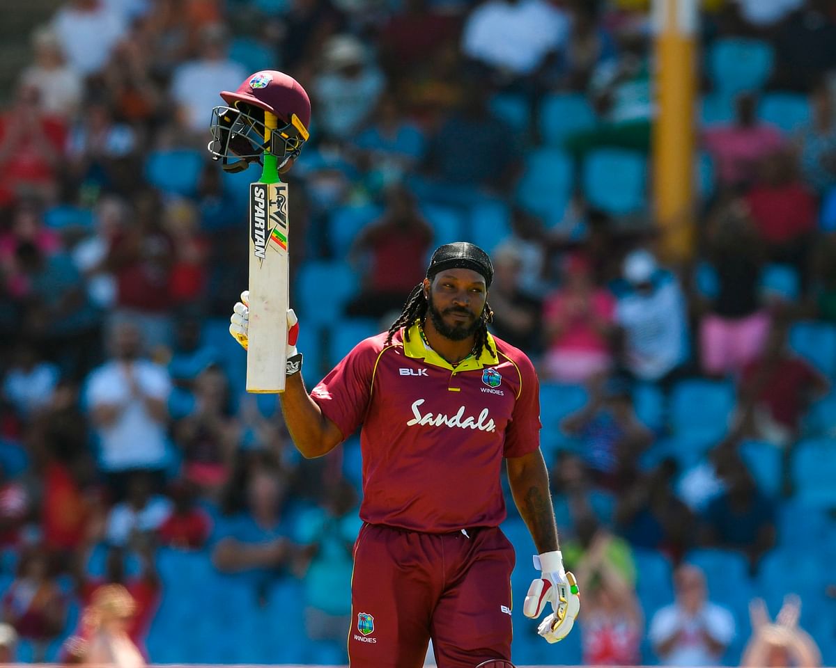 Chris Gayle of West Indies celebrates his half century during the 5th and final ODI between West Indies and England at Darren Sammy Cricket Ground, Gros Islet, Saint Lucia, on 2 March 2019. Photo: AFP