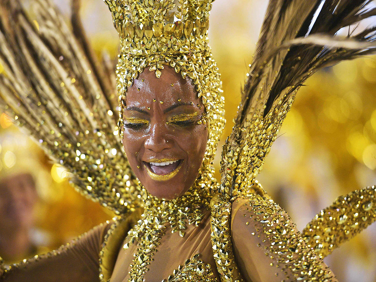 A member of the `Viradouro` samba school performs during the first night of Rio`s Carnival at the Sambadrome in Rio de Janeiro, Brazil, on 3 March 2018. Photo: AFP