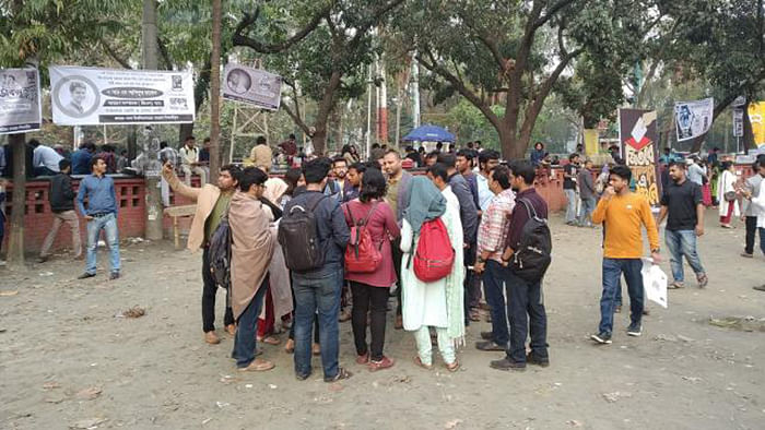 Outsiders take part in the electioneering of Jatiyatabadi Chhatra Dal on the campus. Photo: Prothom Alo