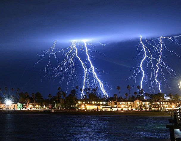Lightning strikes in the sky above Santa Barbara, California, US 5 March 2019, in this photo taken taken from social media. Photo: Reuters