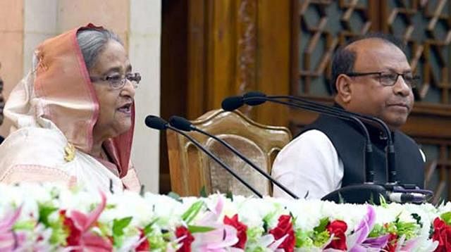 Prime minister Sheikh Hasina addresses the oath-taking programme of the newly elected mayor of Dhaka North City Corporation and 50 newly elected councillors of DNCC and Dhaka South City Corporation at the PMO on 7 March 2019. File Photo
