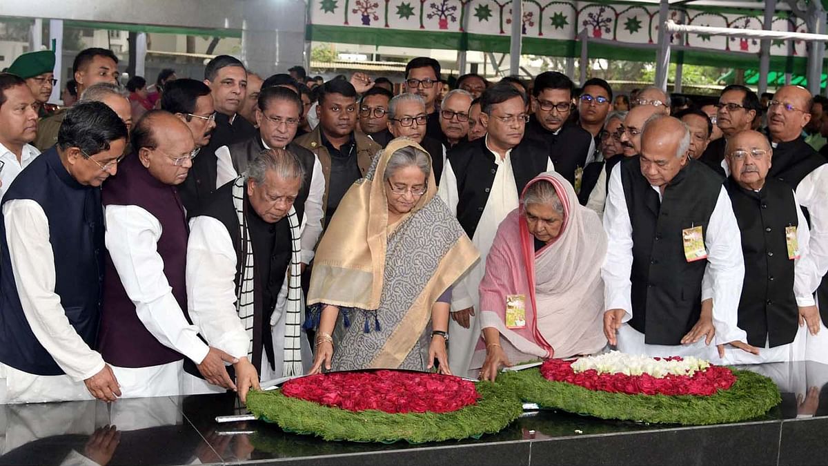 Prime minister and Awami League president Sheikh Hasina, along with party leaders, places wreath at the portrait of Bangabandhu Sheikh Mujibur Rahman in front of the Bangabandhu Memorial Museum in Dhanmondi, Dhaka on 7 March 2019. File Photo