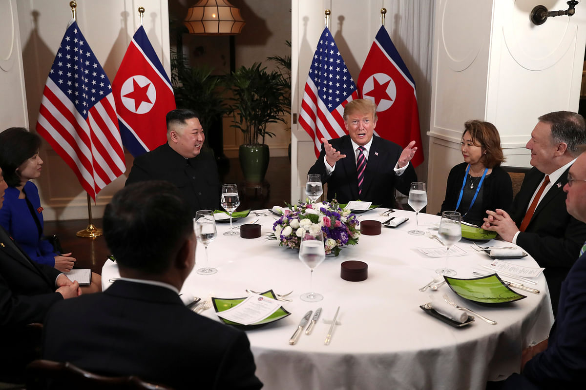 US president Donald Trump and North Korean leader Kim Jong Un sit down for a dinner during the second US-North Korea summit at the Metropole Hotel in Hanoi, Vietnam on 27 February 2019. Photo: Reuters