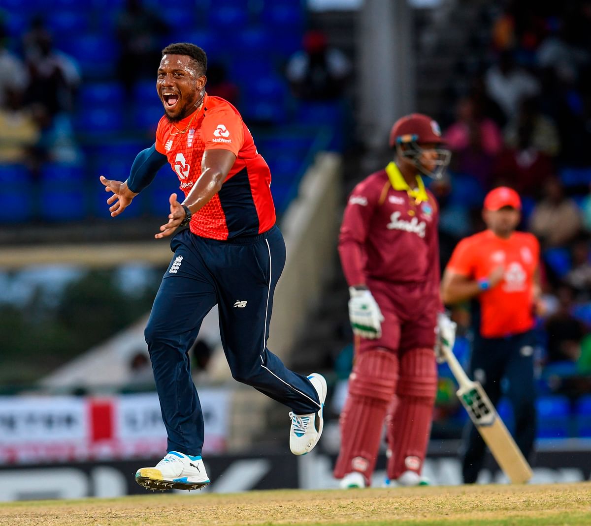 Chris Jordan of England celebrates the dismissal of Jason Holder of West Indies during the 2nd T20I between West Indies England at Warner Park, Basseterre, Saint Kitts and Nevis, on 8 March 2019. Photo: AFP