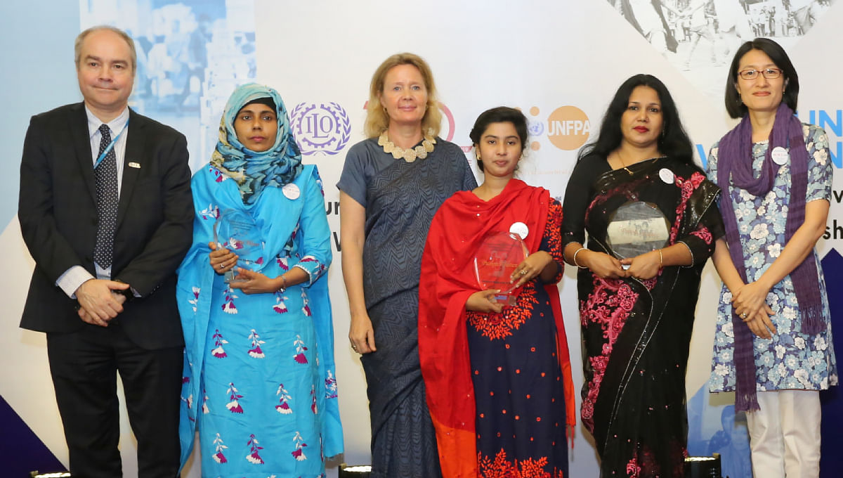 Innovative Approach Towards Gender Equality award winners with ILO, UNFPA and UN Women country heads. Photo: UNB