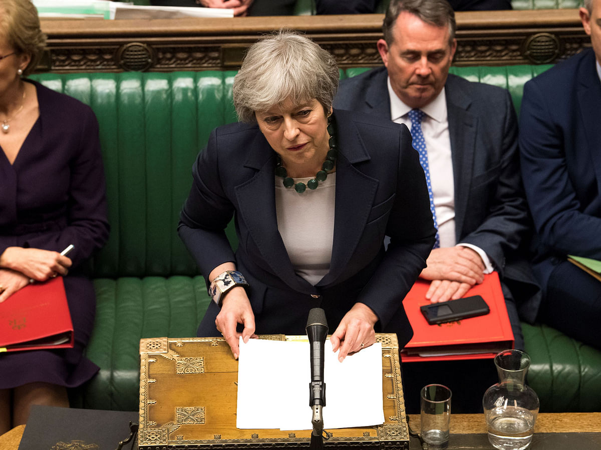 Britain`s prime minister Theresa May speaks in Parliament following the vote on Brexit in London, Britain, on 13 March 2019. Photo: Reuters