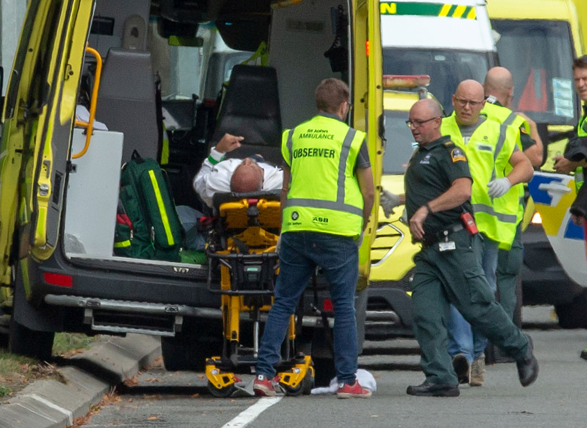 An injured person is loaded into an ambulance following a shooting at the Al Noor mosque in Christchurch, New Zealand, on 15 March 2019. Photo: Reuters