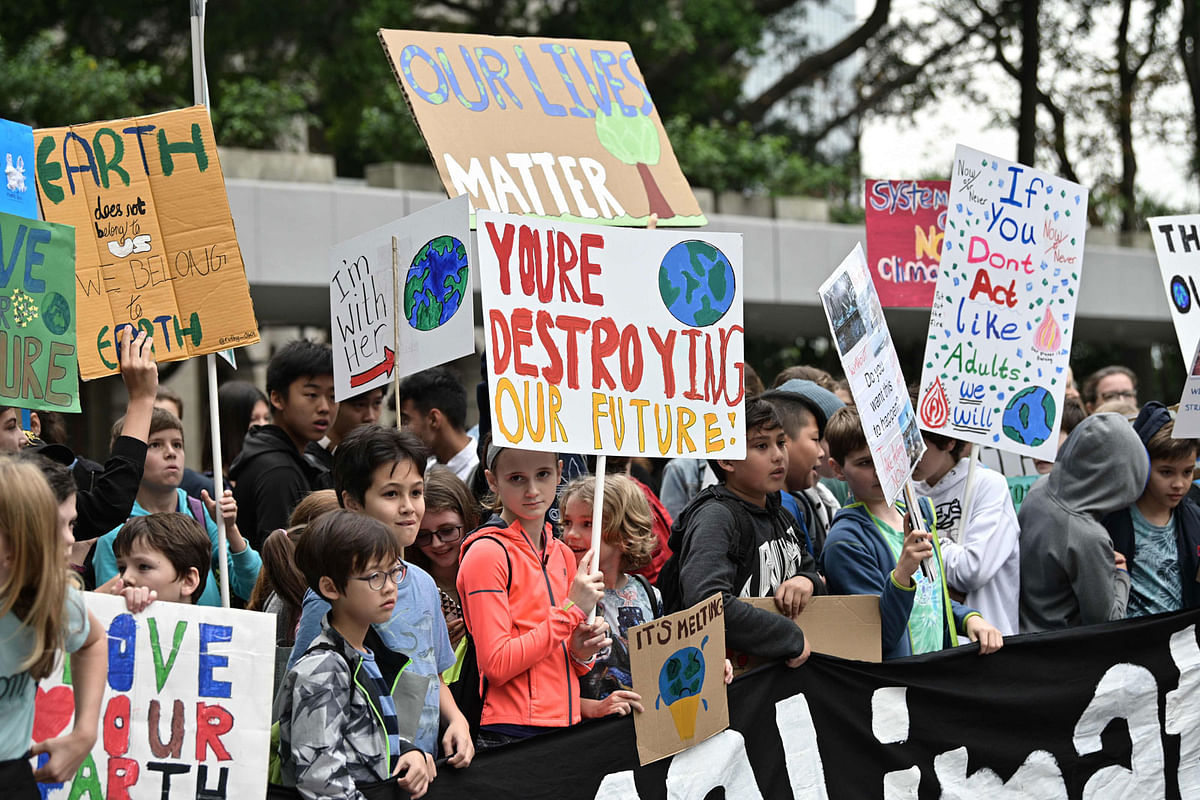 Students take part in a protest against climate change in Hong Kong on 15 March 2019, as part of a global movement called #FridaysForFuture. Photo: AFP