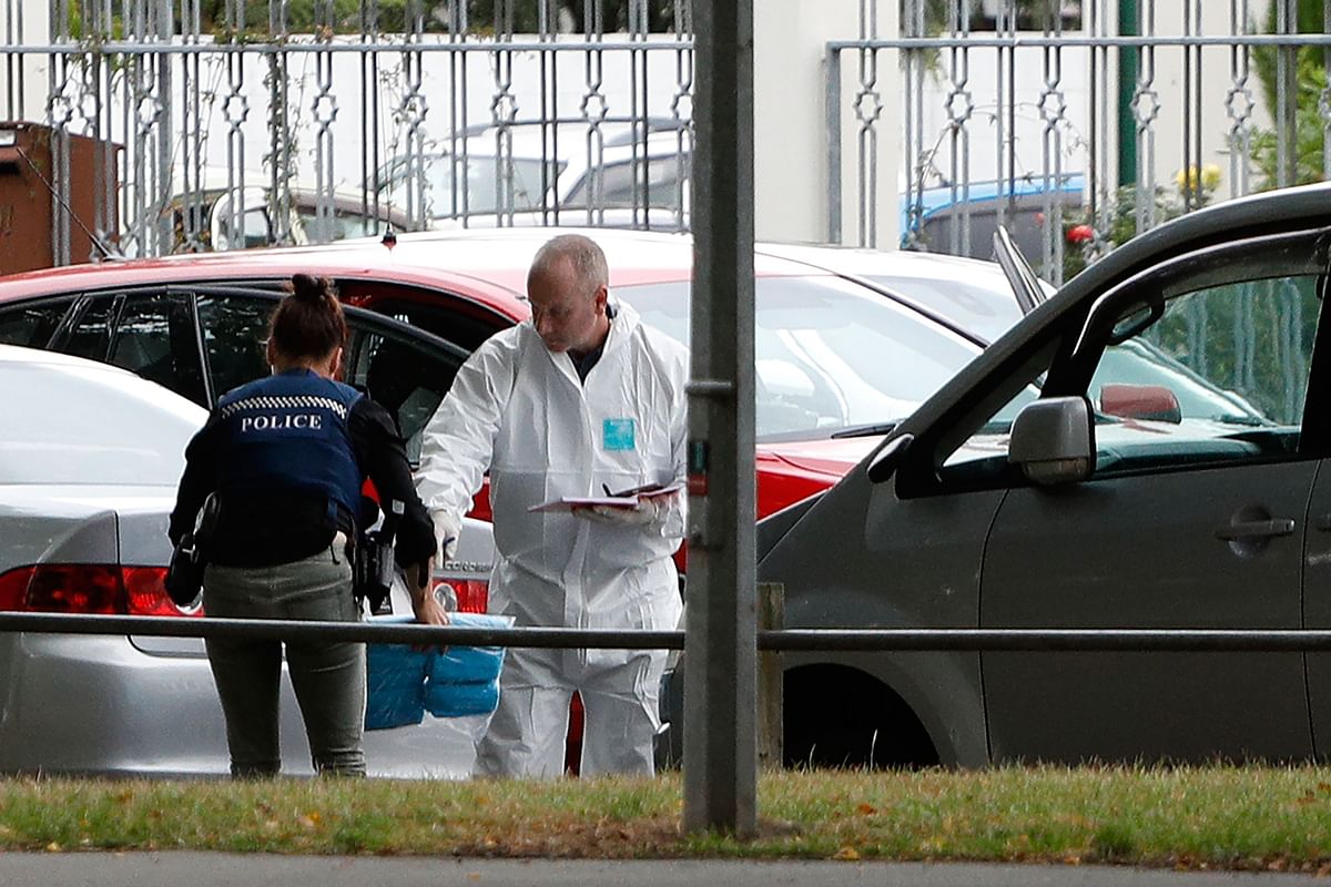 A forensic official works at the Masjid al Noor mosque after a shooting incident in Christchurch on 15 March, 2019. Photo: AFP