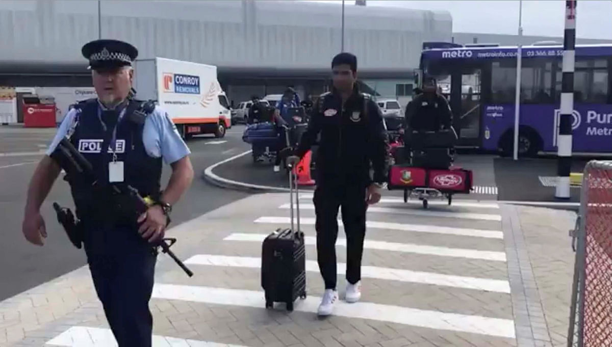Members of the Bangladesh cricket team arrive to depart for Bangladesh from Christchurch International Airport in New Zealand on 16 March, 2019, in this still image from video obtained from social media. Photo: Reuters