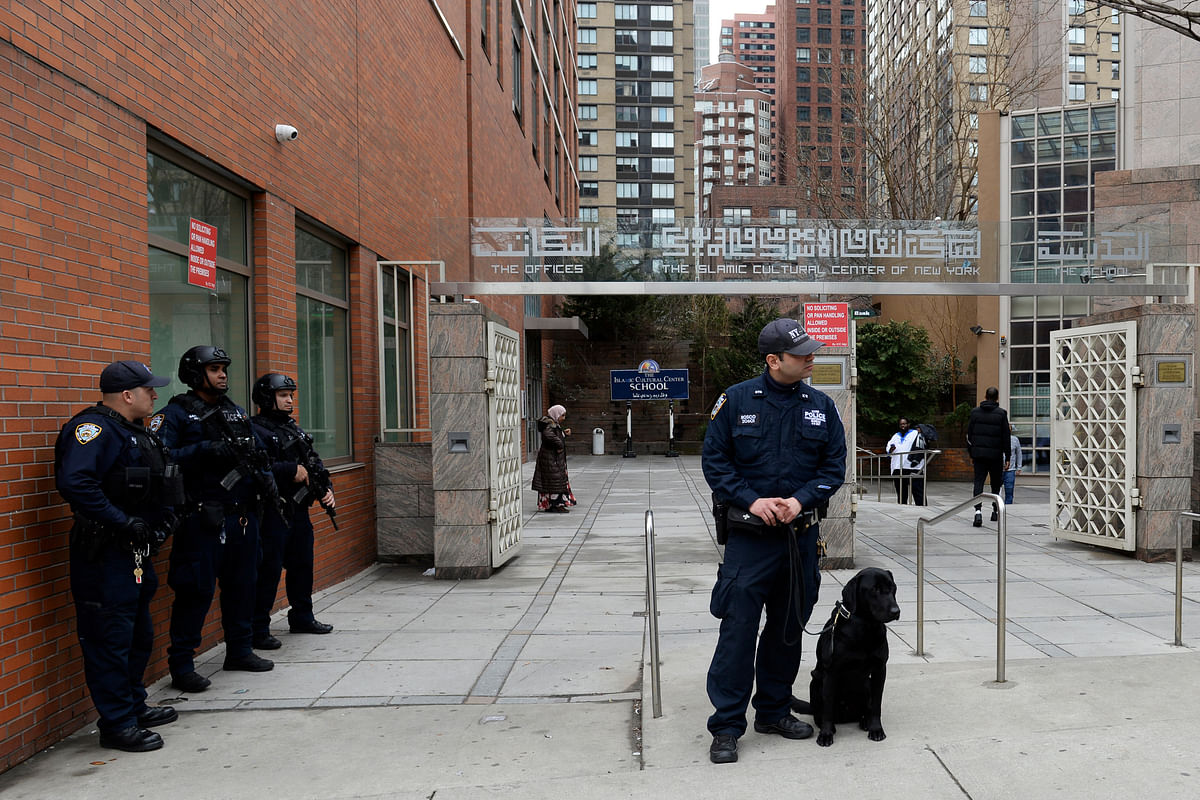 Police officers guard in front of the Islamic Cultural Center of New York during Friday prayer service, after the Christchurch mosque attack in New Zealand, in New York City, New York, US on 15 March, 2019. Photo: Reuters