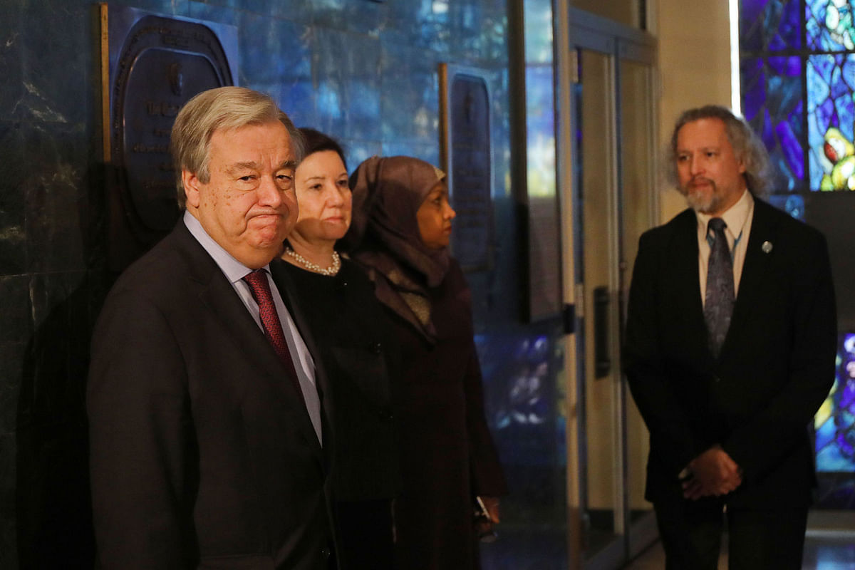 The UN Secretary-General António Guterres participates in a wreath-laying ceremony at UN Headquarters in New York for colleagues who died in the crash of Ethiopian Airlines Flight ET302 on 15 March 2019 in New York City. AFP File Photo
