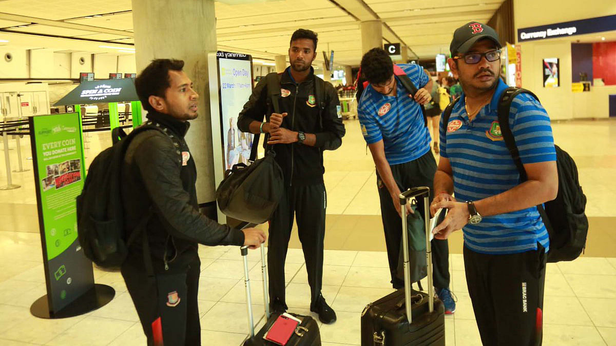 Bangladesh cricket team arrives at Hazrat Shahjalal International Airport, Dhaka on Saturday. Photo: BCB