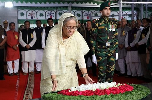 Prime minister Sheikh Hasina pays tributes to father of the nation Bangabandhu Sheikh Mujibur Rahman marking his 100th birthday on Sunday. Photo: BSS