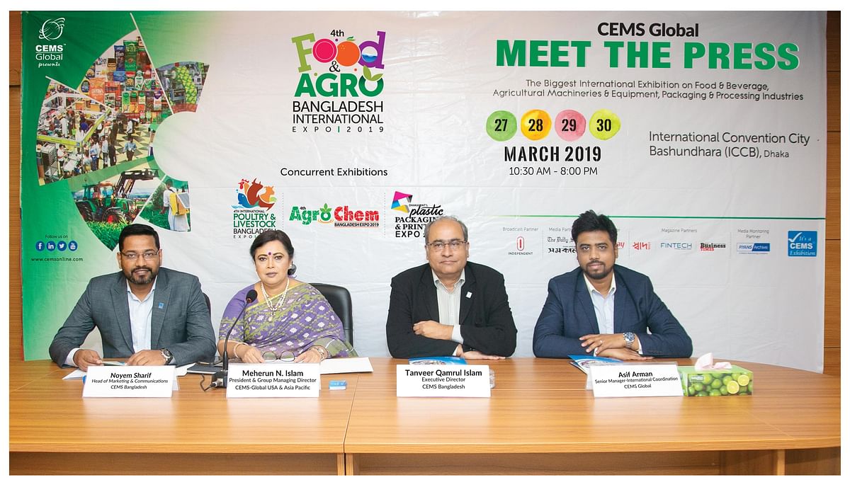 Meherun N Islam, president and group managing director of CEMS Bangladesh, accompanied by officials of CEMS at a media briefing announced the hosting of a four-day Food and Agro Bangladesh International Expo 2019 . -- Photo: Collected