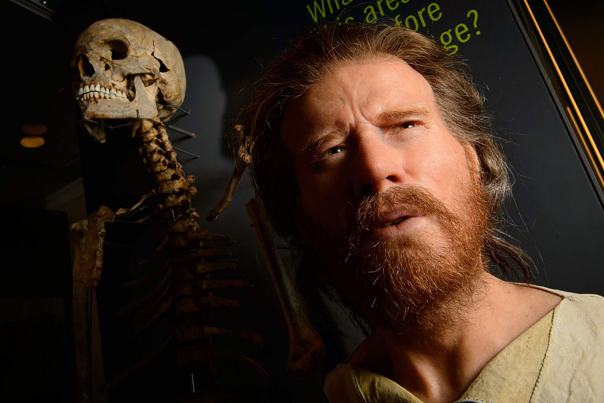 In this file photo taken on 11 December 2013, the skeleton of a neolithic man who was buried around 5,500 years ago in a long barrow 1.5 miles from the prehistoric monument of Stonehenge, a world heritage site, is displayed next to a reconstruction of the man`s face at the new Stonehenge visitors centre, near Amesbury in south west England. Photo: AFP
