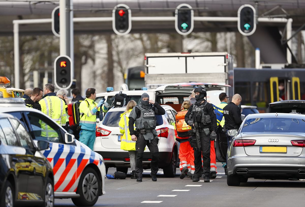 Emergency services stand at the 24 Oktoberplace in Utrecht, on 18 March, 2019 where a shooting took place. Photo: AFP