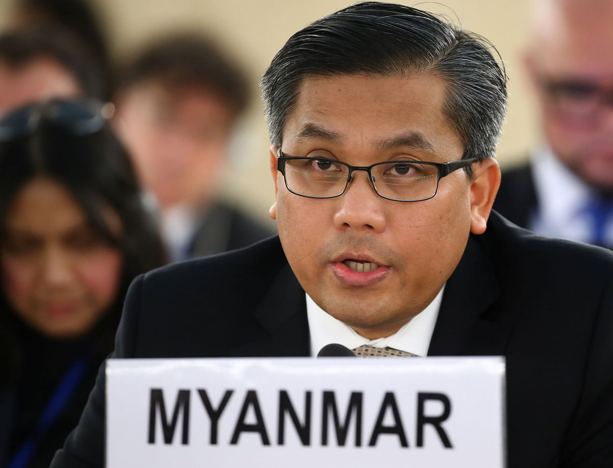 Myanmar`s ambassador Kyaw Moe Tun addresses the Human Rights Council at the United Nations in Geneva, Switzerland, 11 March 2019. Photo: Reuters