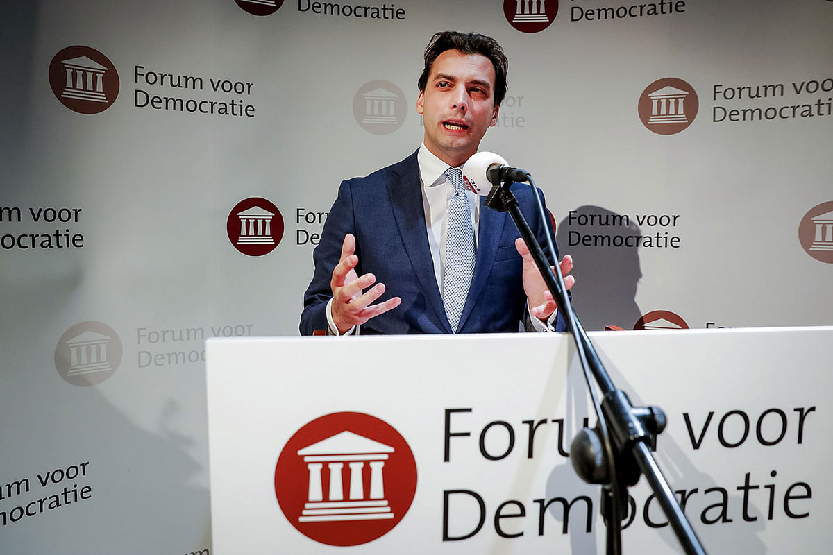 Thierry Baudet from Forum for Democracy (FVD) party gives a speech during the election night of the Provincial Council elections and the water board elections. AFP