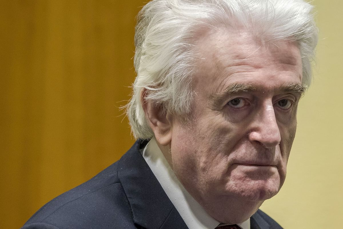 Former Bosnian Serb leader Radovan Karadzic reacts at the court room of the International Residual Mechanism for Criminal Tribunals in The Hague, Netherlands, on 20 March 2019. Photo: AFP