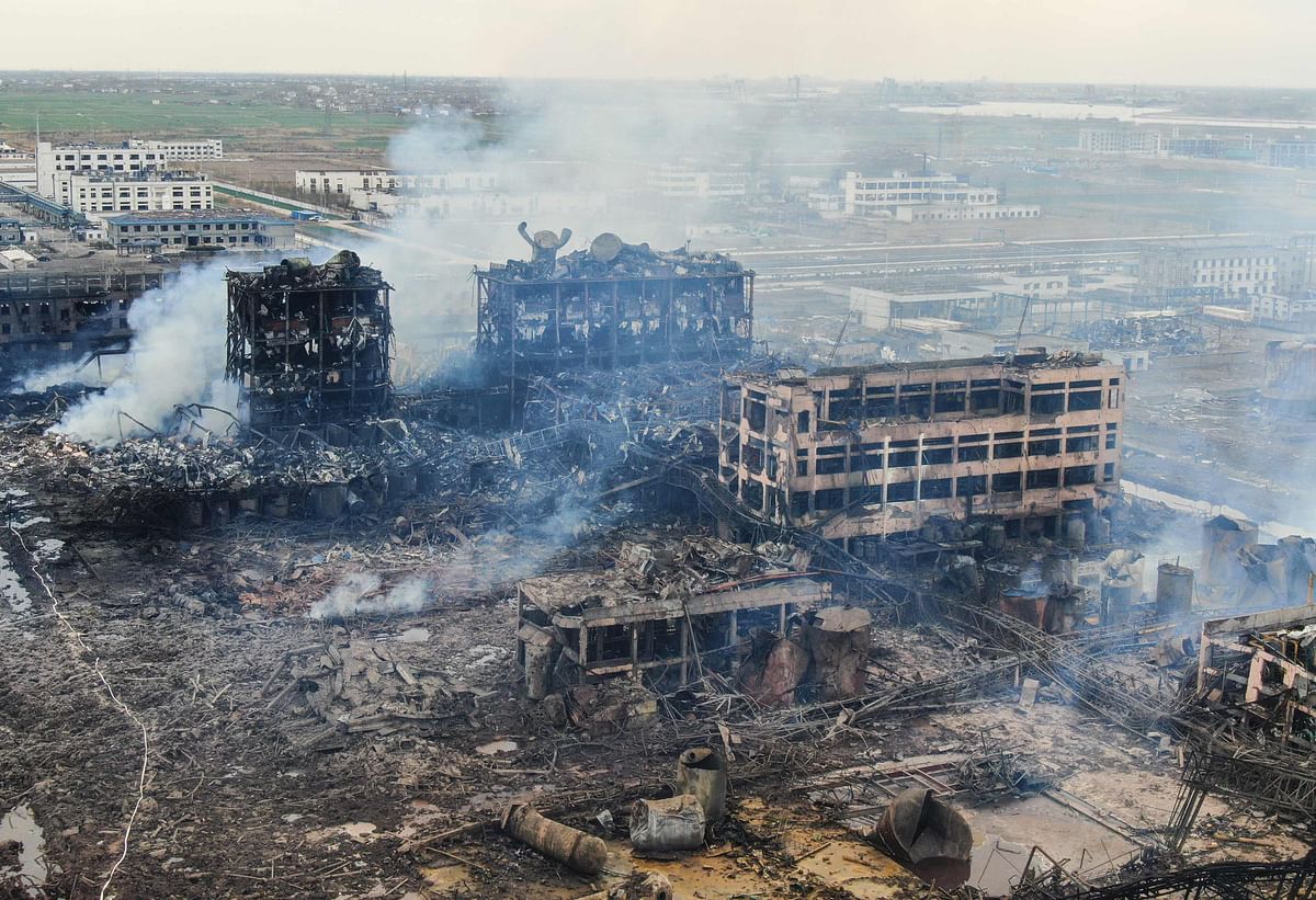 An aerial view shows damaged buildings after an explosion at a chemical plant in Yancheng in China`s eastern Jiangsu province early on 22 March 2019. Photo: AFP