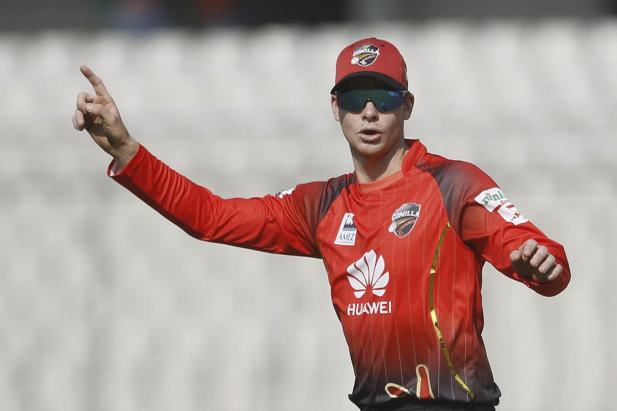 In this file photo taken on 6 January 2019, Comilla Victorians captain Steven Smith gestures during a match between Comilla Victorians and Sylhet Sixers at the Sher-e-Bangla National Cricket Stadium in Dhaka. Photo: AFP