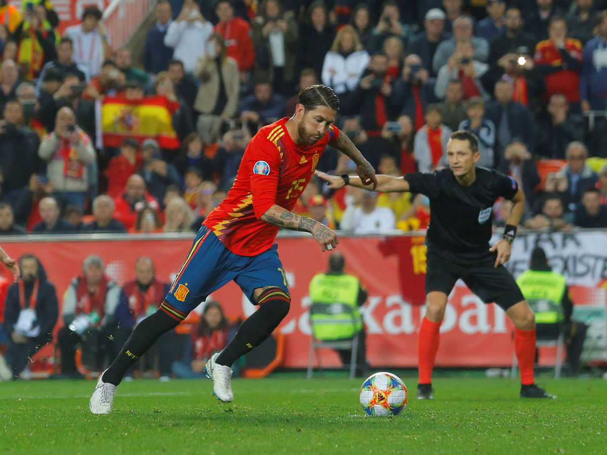 Spain`s Sergio Ramos scores second goal for Spain against Norway from the penalty spot in a Euro 2020 Qualifier match at Mestalla Stadium, Valencia, Spain on 23 March 2019. Photo: Reuters