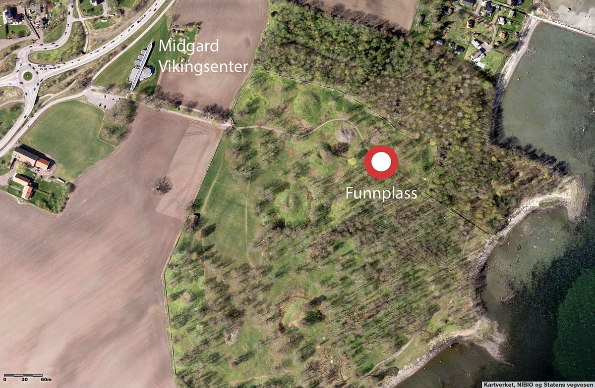 This handout picture released on 25 March by Vestfold Fylkeskommune shows the place (Funnplass) where a ship`s grave probably originated from the Viking Age has been discovered on a plain among the burial mounds in Borreparken in Vestfold, eastern Norway. Photo: AFP