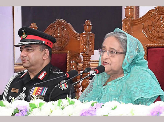 Prime minister Sheikh Hasina addresses the anniversary programme of Rapid Action Battalion (RAB) on Thursday. Photo: PID