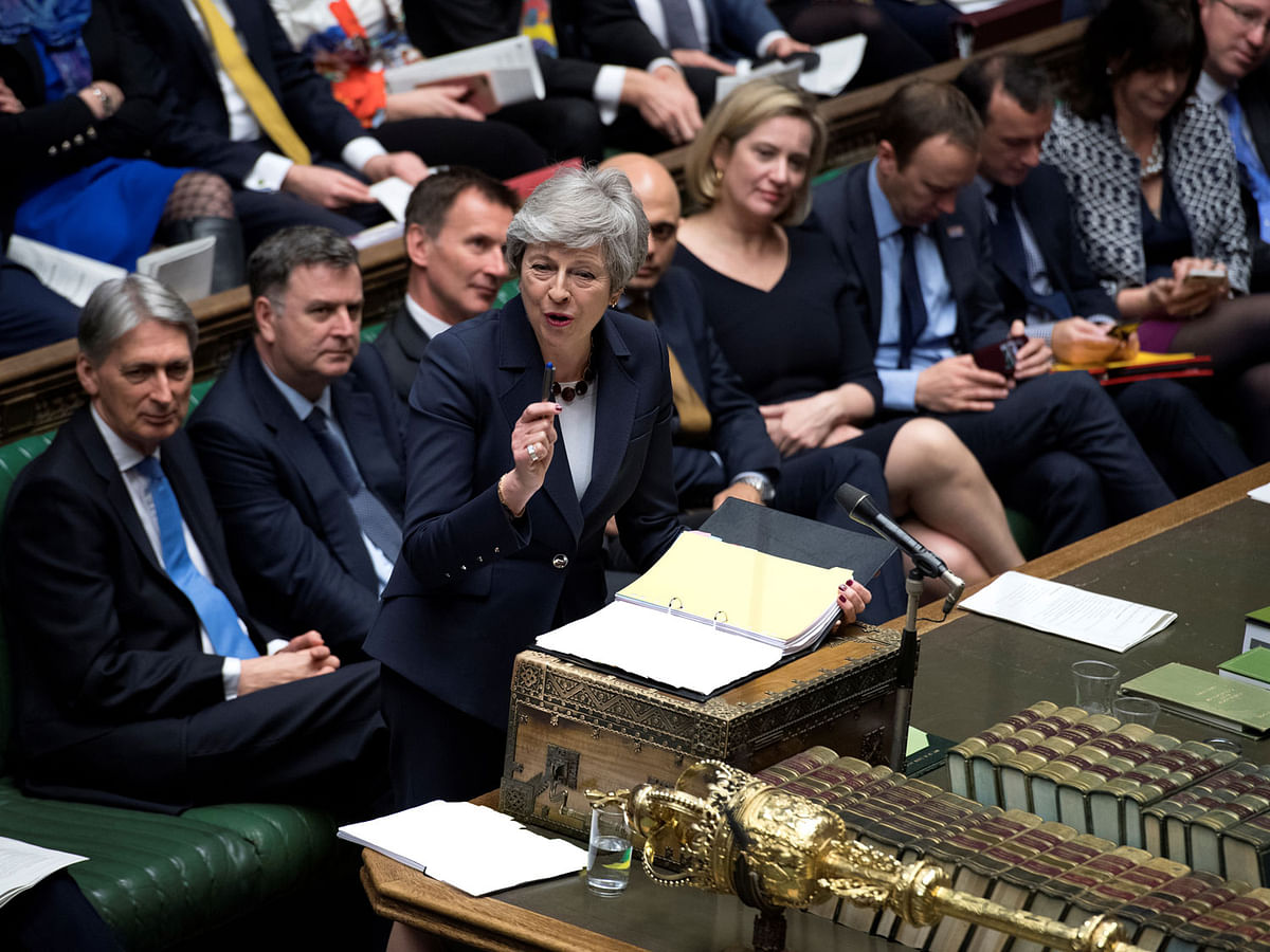 British prime minister Theresa May speaks at the House of Commons as she faces a vote on alternative Brexit options in London, Britain on 27 March 2019. Photo: Reuters