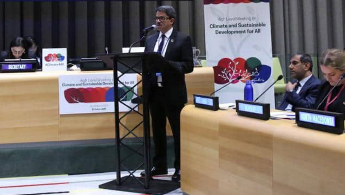 State minister for foreign affairs M Shahriar Alam speaks at the high-level meeting on “Protection of the Global Climate for Present and Future Generations of Humankind in the Context of the Economic, Social and Environmental Dimensions of the 2030 Agenda for Sustainable Development Trusteeship Council,” at UNHQs. Photo: UNB