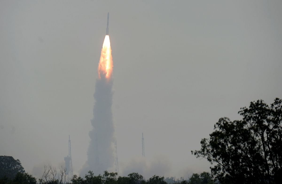 The Indian Space Research Organisation`s (ISRO) Polar Satellite Launch Vehicle (PSLV-C45) launches India`s Electromagnetic Spectrum Measurement satellite `EMISAT` -- along with 28 satellites from other countries including Lithuania, Spain, Switzerland and the US -- at the Satish Dhawan Space Centre in Sriharikota, in Andhra Pradesh state, on 1 April 2019. Photo: AFP