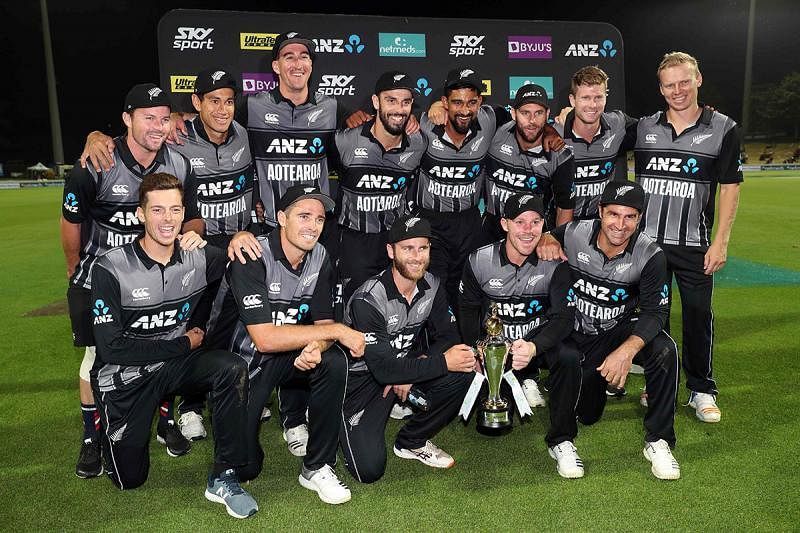 New Zealand players celebrate winning the third Twenty20 international cricket match between New Zealand and India in Hamilton on 10 February, 2019. Photo: AFP