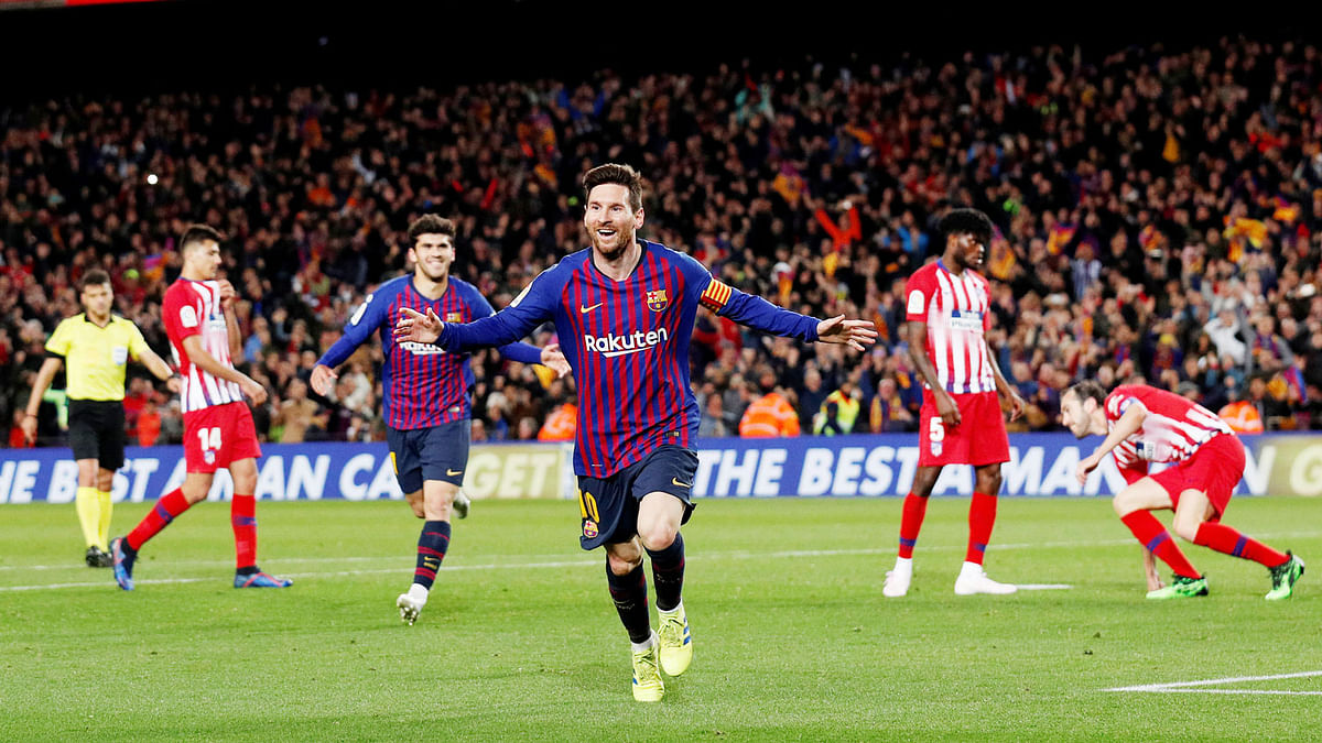 Barcelona`s Lionel Messi celebrates scoring their second goal in a La Liga match against Atletico Madrid at Camp Nou, Barcelona, Spain on 6 April 2019. Photo: Reuters