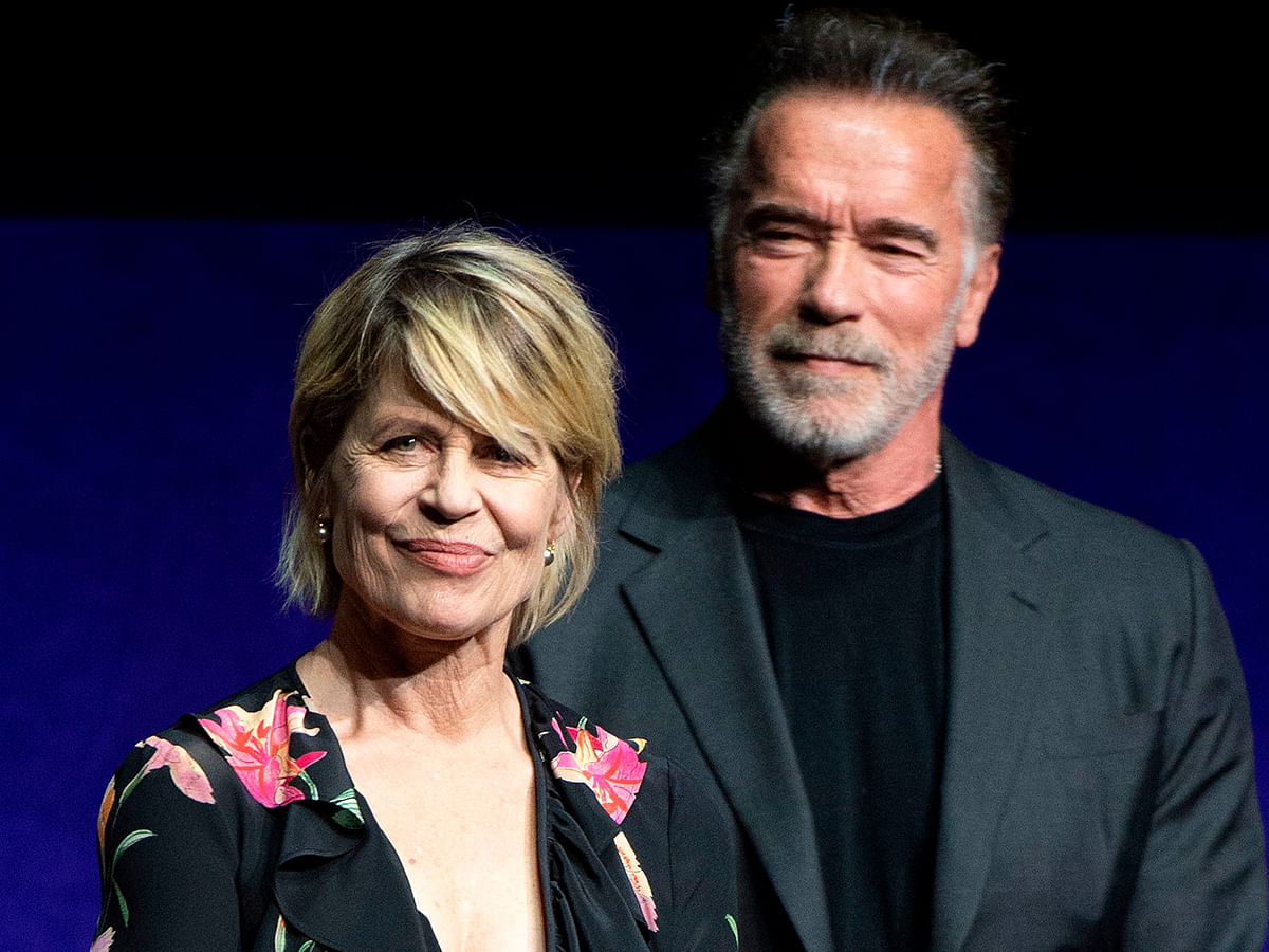 Actors Linda Hamilton (L) and Arnold Schwarzenegger speak on stage during the CinemaCon Paramount Pictures Exclusive Presentation at the Colosseum Caesars Palace on 4 April, 2019, in Las Vegas, Nevada. Photo: AFP