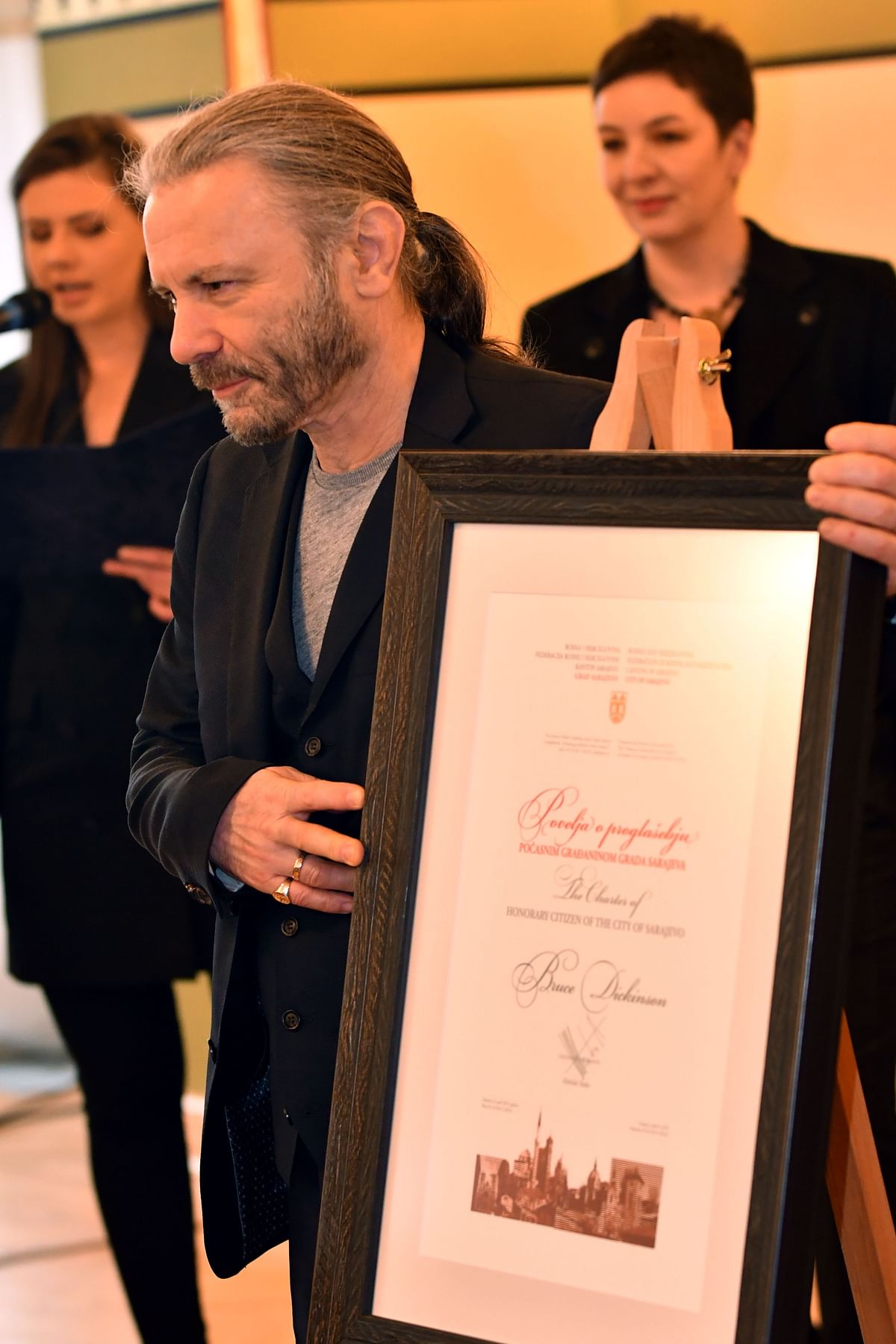 Bruce Dickinson, author, musician and frontman of the hard-rock and heavy-metal band Iron Maiden, poses after being awarded `Honorary Citizen of Sarajevo` in Sarajevo, on 6 April 2019. Photo: AFP
