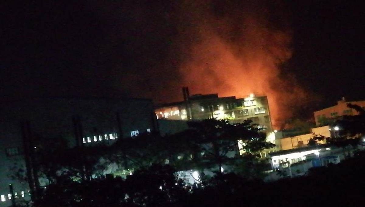 A fire breaks out at a spinning mill in Cumilla Export Processing Zone (EPZ) on Tuesday, on 9 April 2019. Photo: UNB